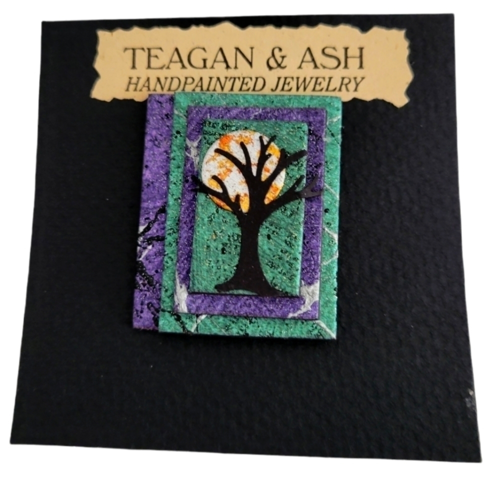 NWT Teagan & Ash Handpainted Paper Resin Pin, Moon Scene